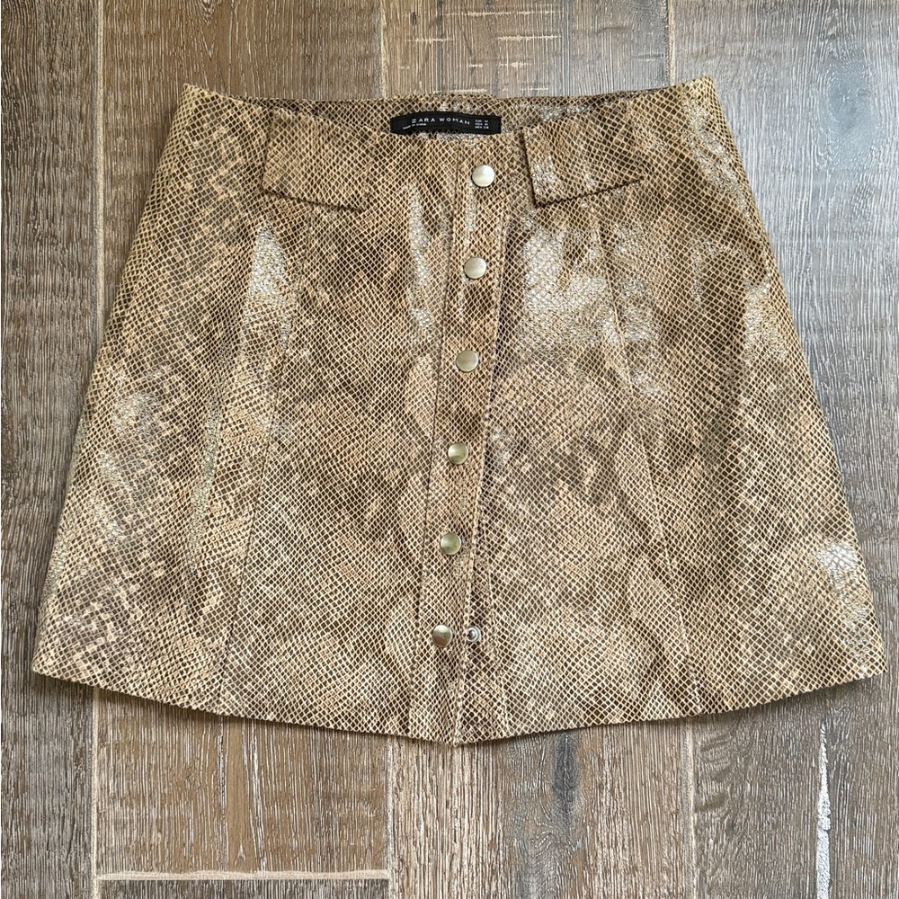 Zara Woman Genuine Leather Snakeskin Print A-Line Mini Skirt Size M